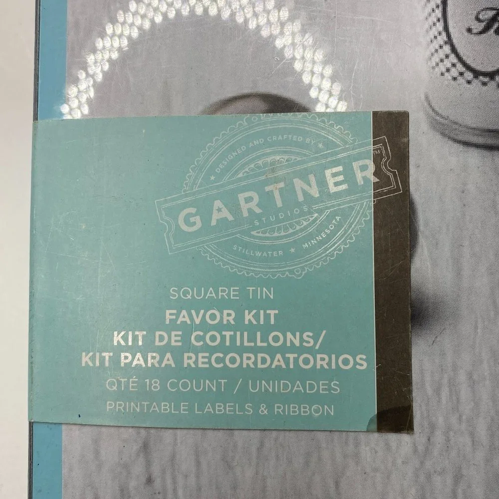 Gartner NWT Square Tin 18 count favor kit with printable labels and ribbon.